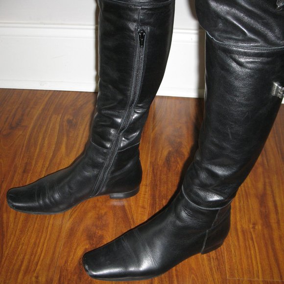 REDUCED Wmn Black Leather Side Zipper Block Heel Over The Knee Boots S 5.5 UK 3 - Picture 3 of 13
